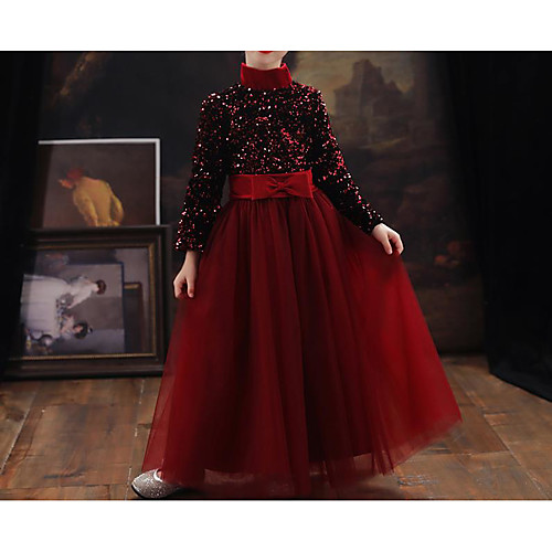 

Princess / A-Line Ankle Length Wedding / Party Flower Girl Dresses - Lace / Tulle / Sequined Long Sleeve High Neck with Bow(s) / Paillette
