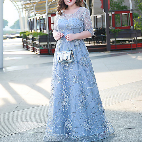 

A-Line Plus Size Elegant Wedding Guest Formal Evening Dress Illusion Neck Half Sleeve Floor Length Lace with Embroidery 2021