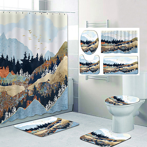 

Beautiful Mountains Pattern Printing Bathroom Shower Curtain Leisure Toilet Four-Piece Design