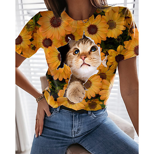 

Women's T shirt Cat Graphic 3D Print Round Neck Tops Basic Basic Top Blue Yellow Green