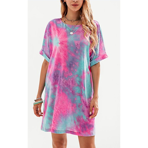 

Women's T Shirt Dress Tee Dress Short Mini Dress Red Short Sleeve Tie Dye Print Summer Round Neck Casual 2021 S M L XL XXL