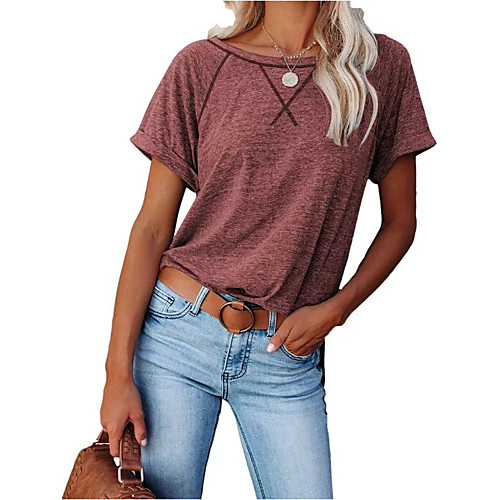 

Women's T shirt Plain Patchwork Round Neck Tops Cotton Basic Basic Top Black Blue Blushing Pink