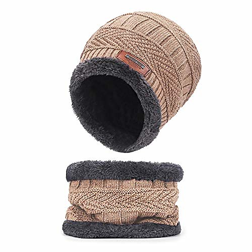 

funey winter slouchy thick beanie hat scarf set snow knit skull cap fleece lining warm hats (beige)