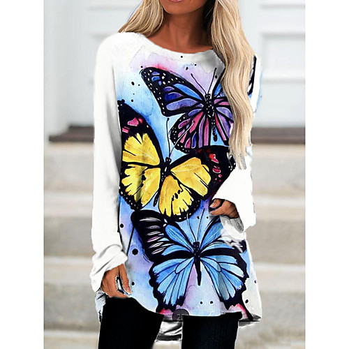

Women's T Shirt Dress Tee Dress Short Mini Dress White Light Blue Long Sleeve Color Block Animal Print Fall Spring Round Neck Casual 2021 S M L XL XXL 3XL