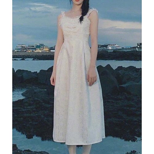 

A-Line Celebrity Style Minimalist Wedding Guest Cocktail Party Dress Spaghetti Strap Sleeveless Tea Length Lace with Pleats 2021