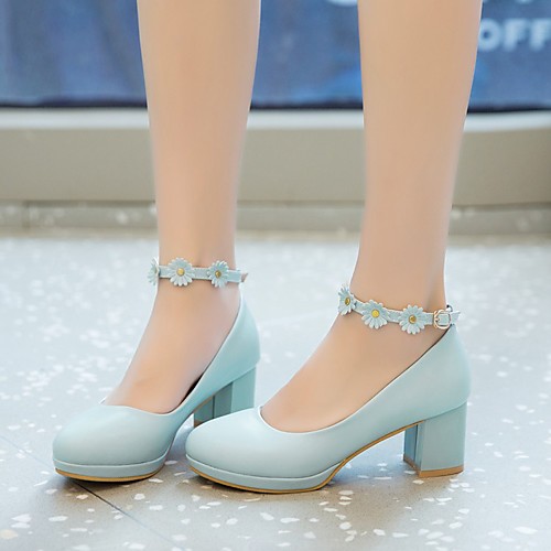 

Women's Heels Chunky Heel Round Toe Microfiber Buckle Flower Solid Colored Floral White Pink Light Blue