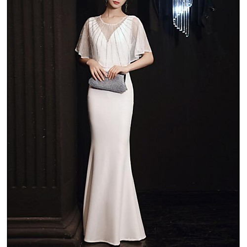 

Mermaid / Trumpet Minimalist Elegant Engagement Formal Evening Dress Illusion Neck Half Sleeve Floor Length Italy Satin with Crystals 2021