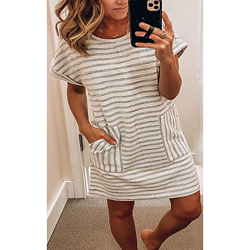 

Women's Sheath Dress Short Mini Dress Beige Short Sleeve Striped Patchwork Print Summer Round Neck Casual Linen S M L XL