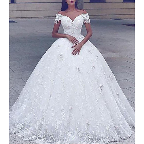 

Princess Ball Gown Wedding Dresses Off Shoulder Floor Length Lace Tulle Short Sleeve Formal Romantic Luxurious with Pleats Appliques 2021