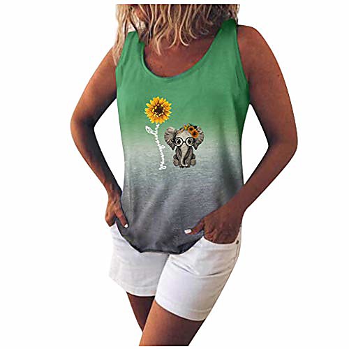 

tie dye tank top women cute elephant sunflower print scoop neck sleeveless shirts loose tuinc tops plus size.s-5xl green