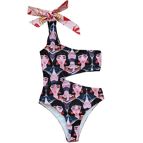 

Women's One Piece Monokini Swimsuit Tummy Control Slim Print Color Block Geometric Girl face Swimwear Padded Bathing Suits New Fashion Sexy