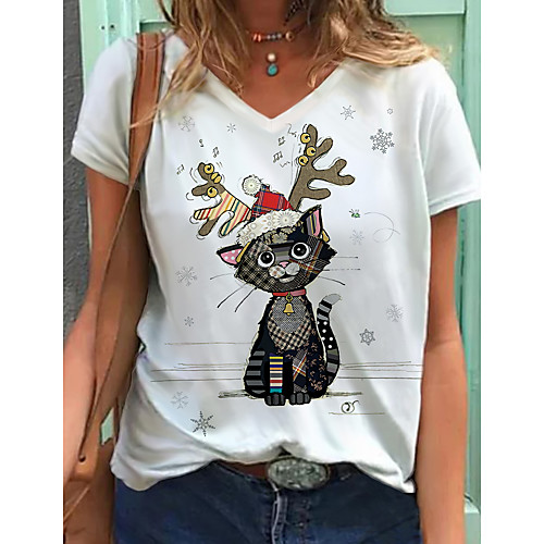 

Women's T shirt Cat Graphic Print V Neck Tops Basic Basic Top White