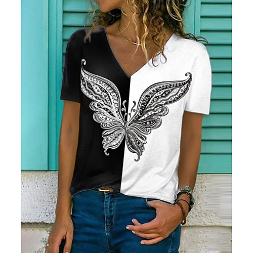 

Women's T shirt Graphic Butterfly Color Block Print V Neck Tops Basic Basic Top Black