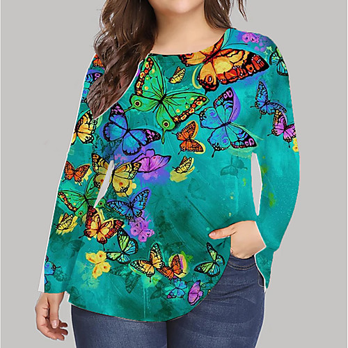 

Women's Plus Size Print Graphic Butterfly Animal T shirt Large Size Round Neck Long Sleeve Tops Big Size