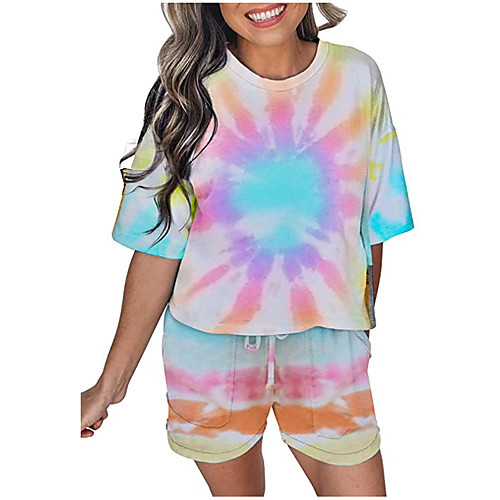 

Women's Basic Streetwear Tie Dye Casual / Daily Outdoor Two Piece Set Tracksuit T shirt Loungewear Shorts Drawstring Print Tops