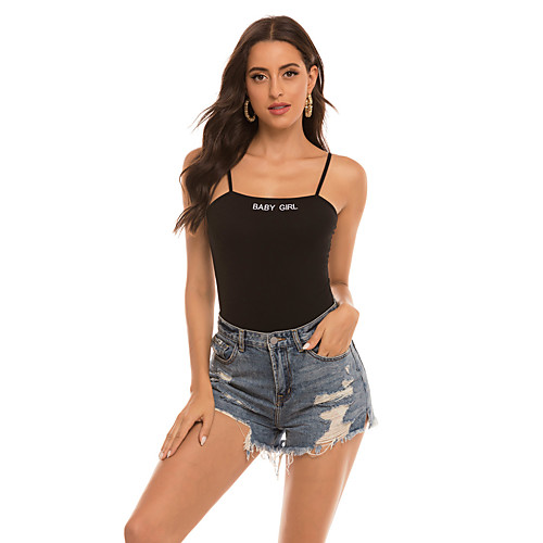 

Women's Bodysuit Tank Top Zentai Letter Boat Neck Tops Basic Basic Top Black