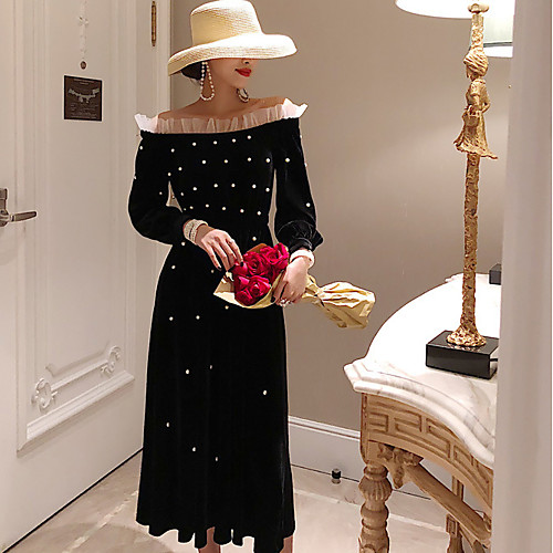 

A-Line Elegant Vintage Wedding Guest Prom Dress Off Shoulder Long Sleeve Tea Length Velvet with Pleats Pearls 2021