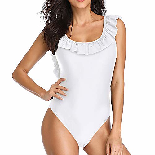 

t women's ruffled one piece swimsuit solid low back beach bathing suit padded (s, white)