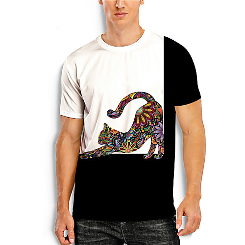 

Men's T shirt 3D Print Cat Graphic Prints Print Short Sleeve Daily Tops Casual Designer Big and Tall Black / White