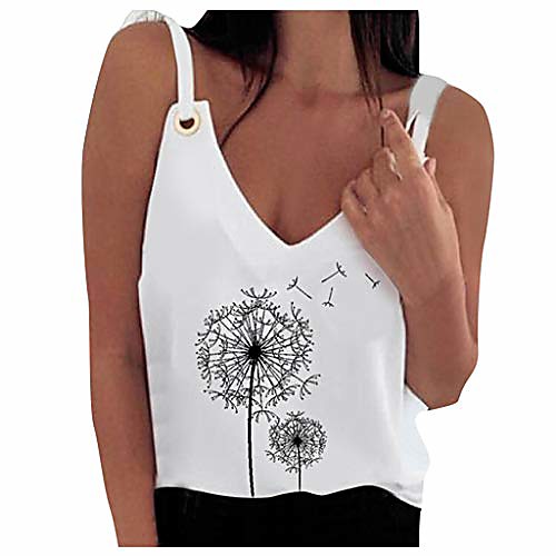 

allywit- women sleeveless tank tops ladies pineapple print v neck strappy cami loose vest t shirt blouse black