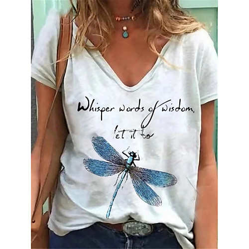 

Women's T shirt Graphic Text Print V Neck Tops Basic Basic Top White