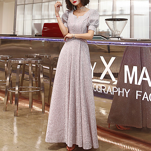 

A-Line Glittering Minimalist Wedding Guest Formal Evening Dress Scoop Neck Half Sleeve Floor Length Spandex with Sequin 2021