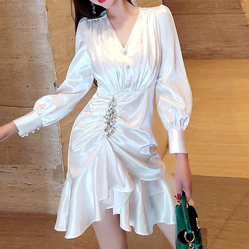 

A-Line Empire Minimalist Wedding Guest Cocktail Party Dress V Neck Long Sleeve Short / Mini Satin with Buttons Ruffles 2021