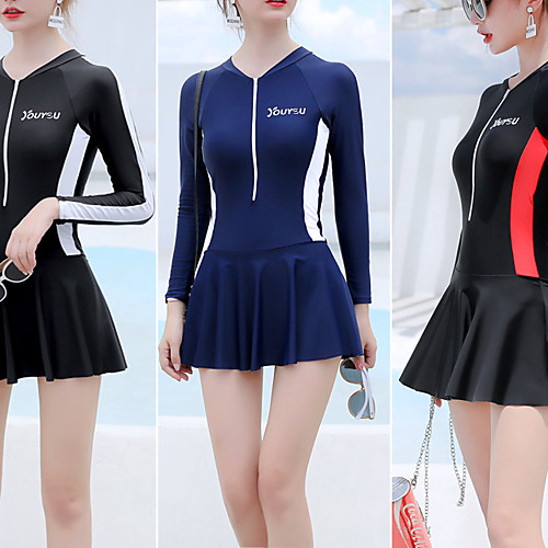 

Women's One Piece Swimsuit Elastane Swimwear Breathable Quick Dry Long Sleeve Front Zip - Swimming Surfing Water Sports Summer