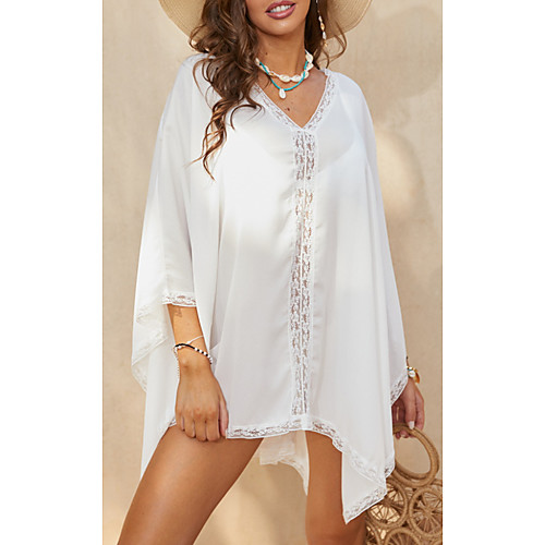 

Women's Chiffon Dress Short Mini Dress White 3/4 Length Sleeve Solid Color Summer V Neck Casual Mesh S M L XL