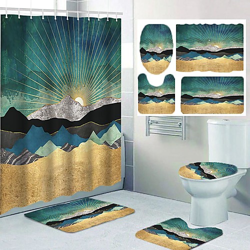 

Comic Mountain Sunrise Sun Pattern Printing Bathroom Shower Curtain Leisure Toilet Four-piece Design