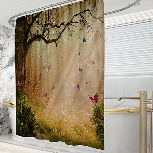 

Shower Curtains with Hooks Rustic Tree Butterfly Fog Scenery Polyester Novelty Fabric Waterproof Shower Curtain for Bathroom
