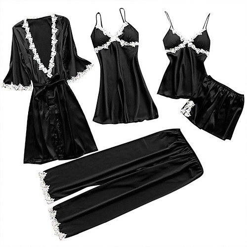 

Women's Daily Imitated Silk Pajamas V Neck Suits Short Sleeves Jacquard Spring & Summer Without Lining S Black