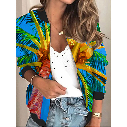 

Women's Plants Print Active Spring & Fall Jacket Regular Daily Long Sleeve Air Layer Fabric Coat Tops Blue