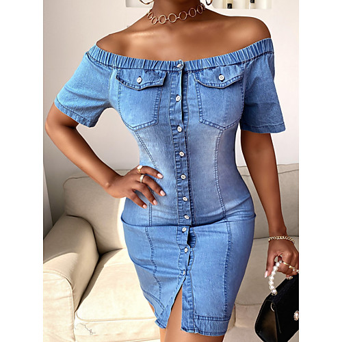 

Women's Denim Dress Short Mini Dress Light Blue Navy Blue Short Sleeve Solid Color Pocket Summer Off Shoulder Casual 2021 S M L XL XXL XXXL
