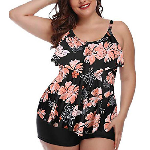 

womens plus size tankini swimsuits with shorts pink flounce two piece bathing suit floral printed swimwear xl