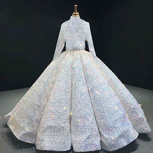 

Ball Gown Luxurious Sparkle Quinceanera Prom Dress Halter Neck Long Sleeve Floor Length Sequined with Pleats Sequin 2021