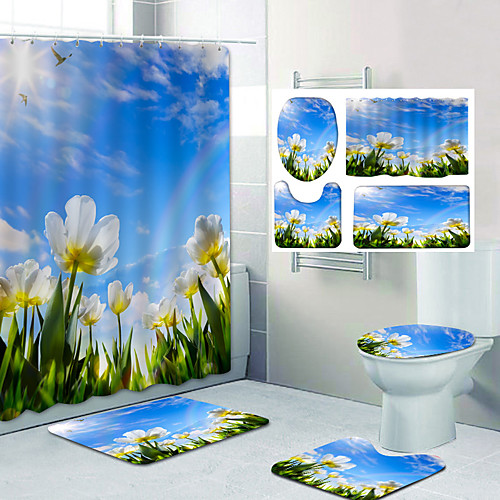 

Bathroom Shower Curtain & Mat Set Classic Polyester Waterproof