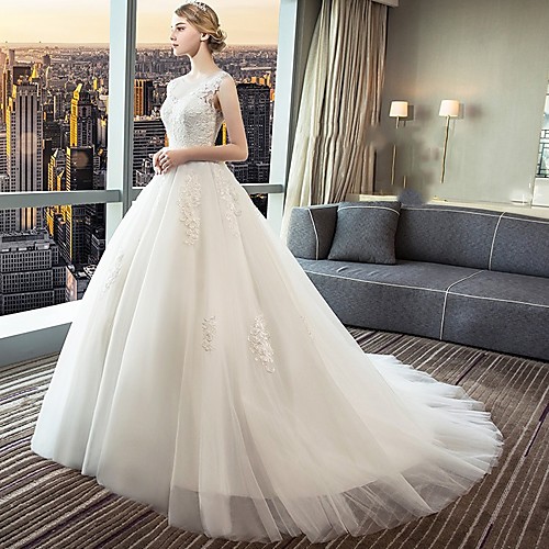 

Princess Ball Gown Wedding Dresses Jewel Neck Court Train Lace Tulle Sleeveless Formal Romantic with Pleats Appliques 2021