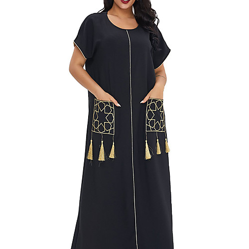

Women's Kaftan Dress Maxi long Dress Black Green Short Sleeve Solid Color Tassel Fringe Pocket Summer Round Neck Elegant 2021 M L XL XXL