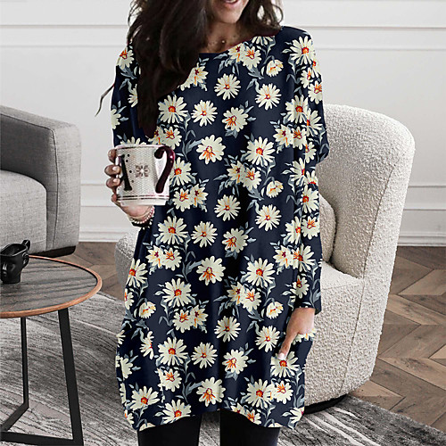 

Women's Shift Dress Short Mini Dress Black Orange Long Sleeve Floral Color Block Print Fall Spring Round Neck Casual 2021 S M L XL XXL 3XL