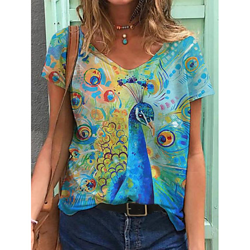 

Women's T shirt Graphic Animal Print V Neck Tops Basic Basic Top White Blue Yellow