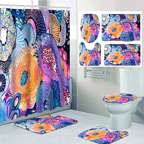 

Personality Design Comic Pattern Flower Print Bathroom Shower Curtain Leisure Toilet Four-piece Set