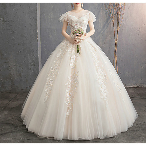 

Princess Ball Gown Wedding Dresses Jewel Neck Floor Length Lace Tulle Short Sleeve Romantic with Beading Appliques Cascading Ruffles 2021