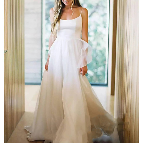 

Sheath / Column Wedding Dresses Spaghetti Strap Chapel Train Chiffon Sleeveless Simple Beach with Pleats 2021