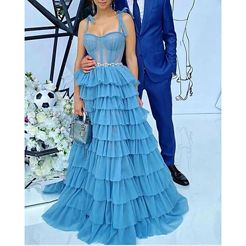 

A-Line Elegant Vintage Engagement Formal Evening Dress Spaghetti Strap Sleeveless Sweep / Brush Train Tulle with Split Tier 2021