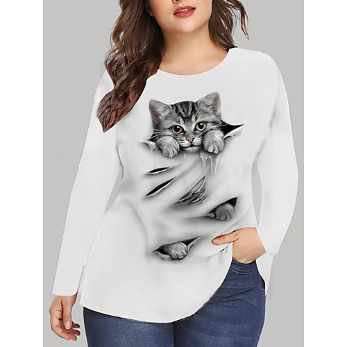 

Women's Plus Size Print Cat Graphic Animal T shirt Large Size Crewneck Long Sleeve Basic Tops XL XXL 3XL White Black Big Size