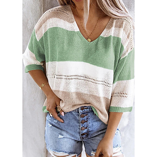 

Women's Knitted Color Block Cardigan Long Sleeve Sweater Cardigans V Neck Fall Winter Blue Green Gray