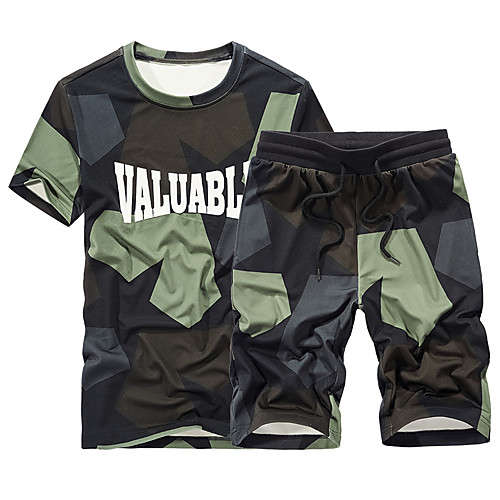 

Men's 2 Piece Tracksuit Jogging Suit Street Casual 2pcs Summer Short Sleeve Spandex Moisture Wicking Breathable Jogging Sportswear Normal Camouflage Activewear Micro-elastic / Athleisure