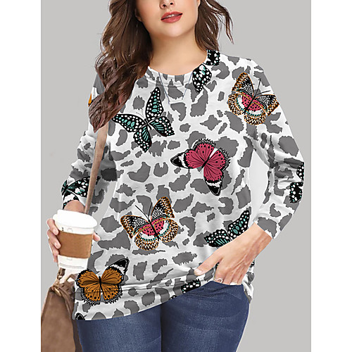 

Women's Plus Size Print Graphic Butterfly Animal Blouse T shirt Large Size Crewneck Long Sleeve Tops XL XXL 3XL Black Blue Big Size