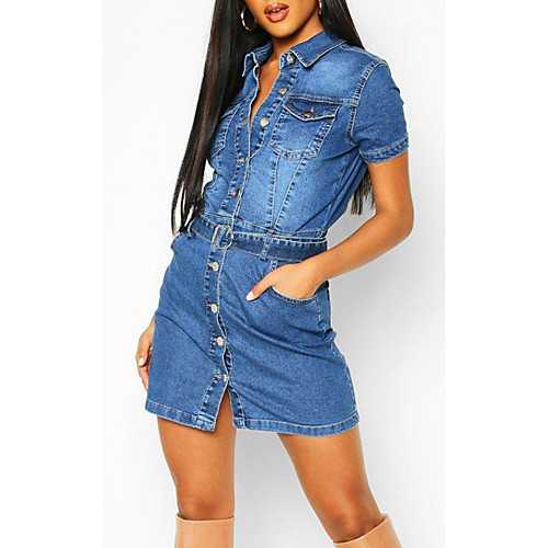 

Women's Denim Dress Short Mini Dress Light Blue Short Sleeve Solid Color Pocket Summer Shirt Collar Casual Cotton 2021 S M L XL XXL 3XL